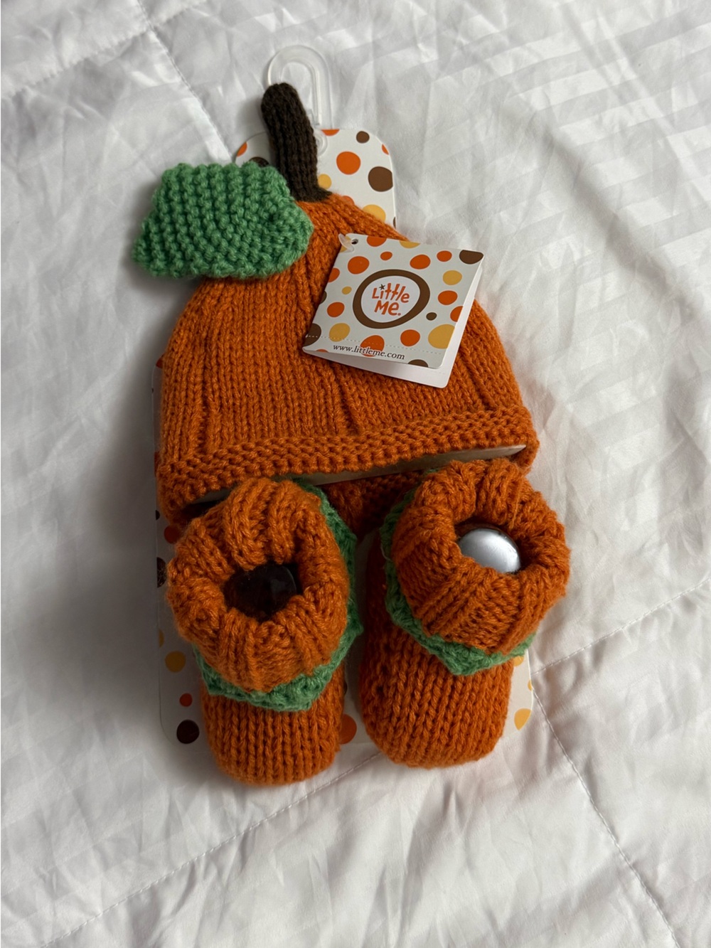 Little Me Orange Knit Pumpkin Hat and Bootie Set with Green Leaf